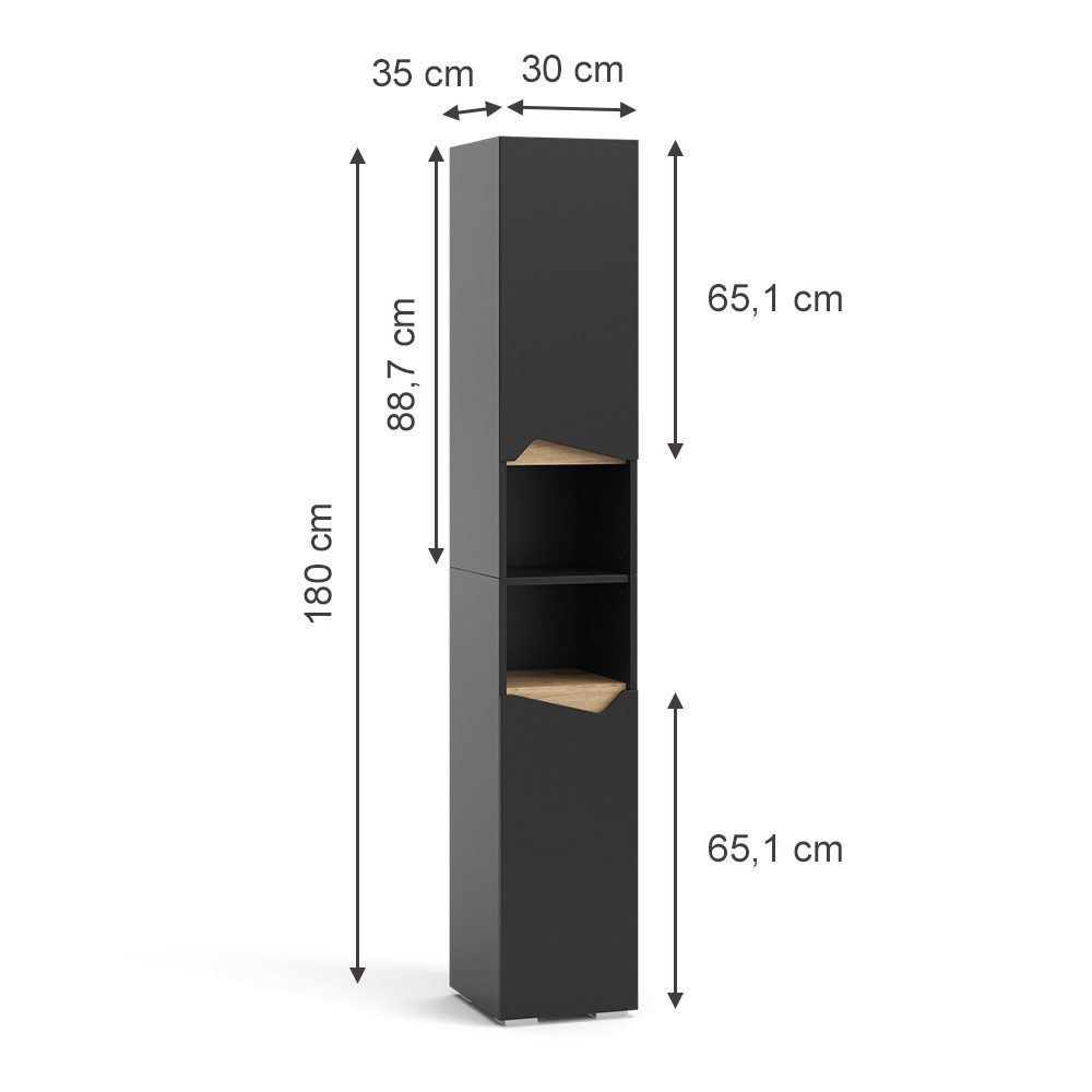 Vicco Hochschrank Marelle, Anthrazit/Anthrazit, 30 x 180 cm mit Türen, und offenen F... (1-St)