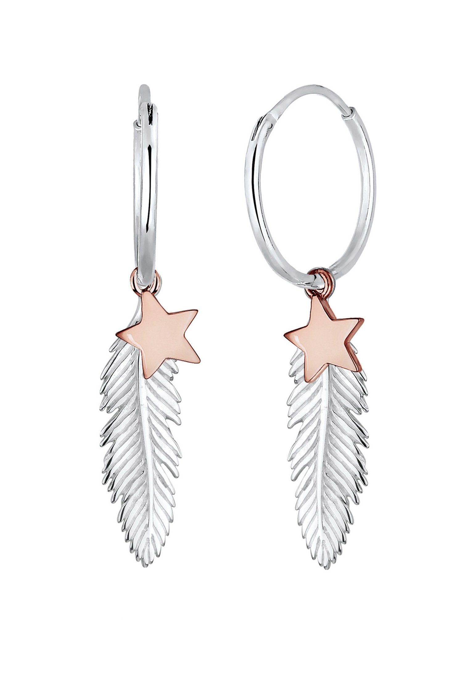 Elli Paar Creolen Boho Silber 925 Creole Bi-Color Ohrringe Feder Silber, Sterling Astro Sterne aus 925er Astro Trendige