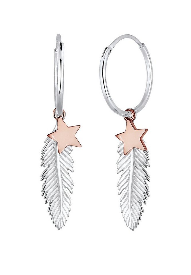 Elli Paar Creolen Creole Sterne Feder Astro Bi-Color Boho 925 Silber,  Trendige Astro Ohrringe aus 925er Sterling Silber