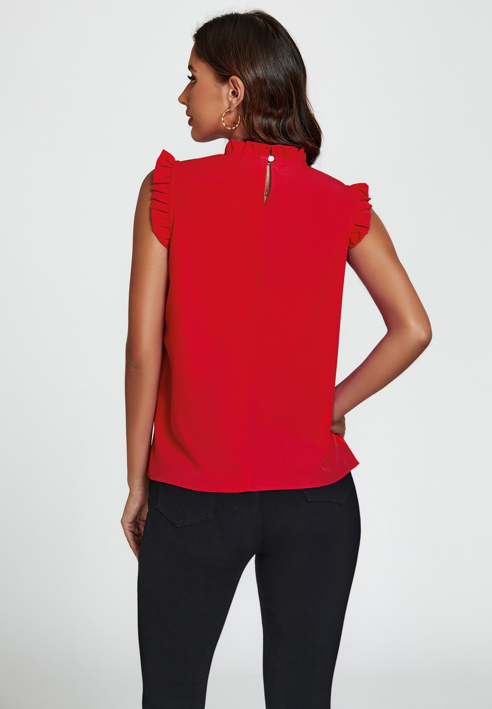 FS Collection Blusentop Damen Blusentop ärmellos mit Rüschenkragen elegante Sommerbluse Rüschenkragen und Rüschenbesatz an den Schultern