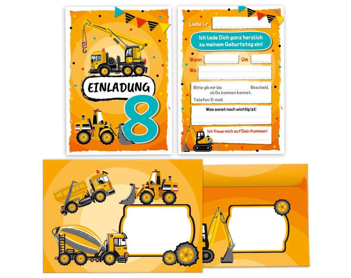JUNAPACK Einladungskarten Baustelle zum 8. Geburtstag Einladungen mit Umschlägen Karten Jungen, Einladungskarten mit Umschlägen zum achten Geburtstag Baustelle
