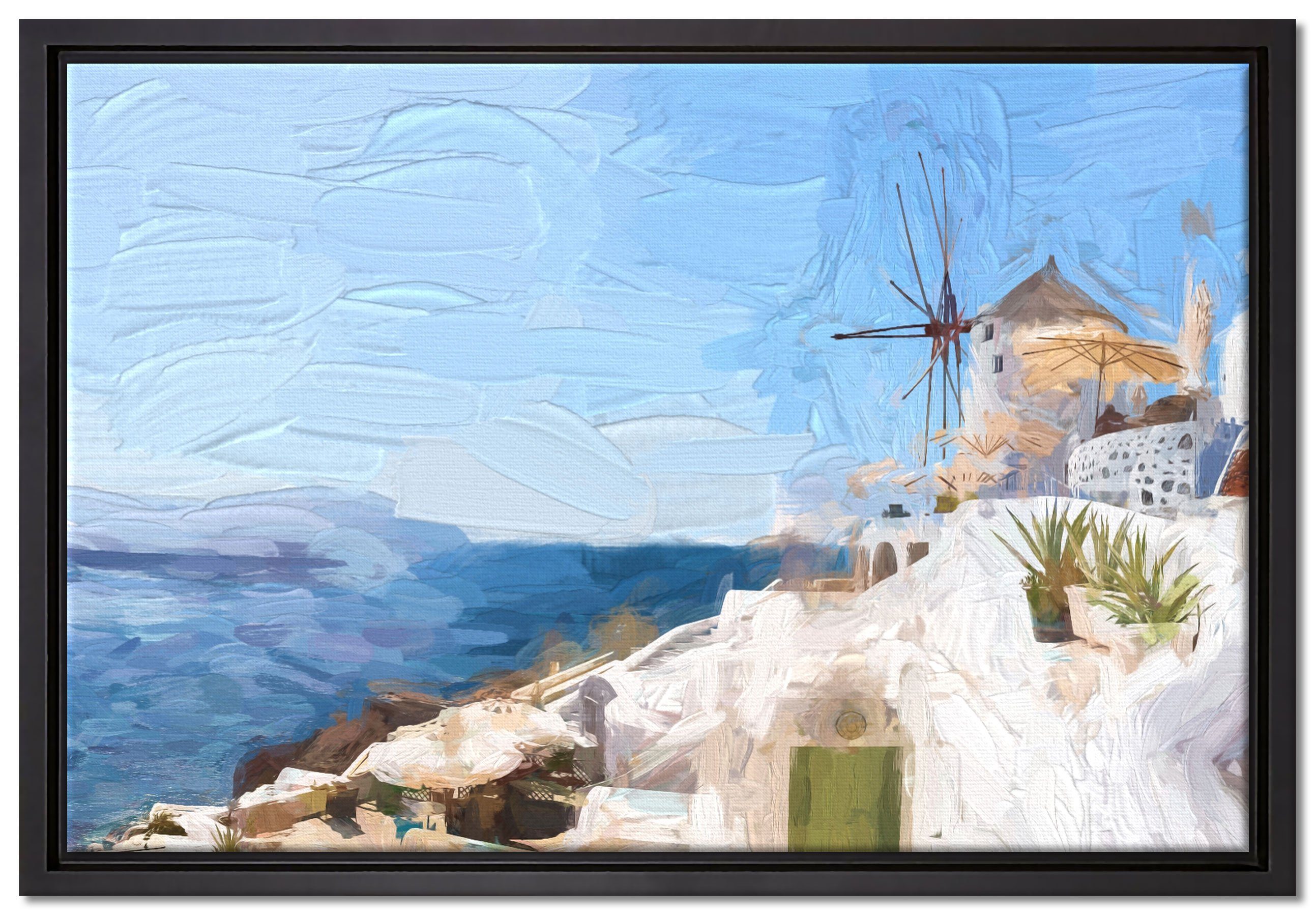 einem fertig Häuser Wanddekoration inkl. weiße in bespannt, gefasst, Schattenfugen-Bilderrahmen in (1 Leinwandbild St), Leinwandbild Griechenland, Zackenaufhänger Pixxprint