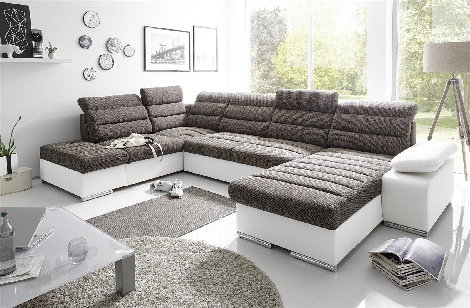 mit mit / Re mane Ecksofa U-Form, Fun Schlaffunktion Stoff Bettkasten Möbel PESCARA Couchgarnitur Li, Weiss