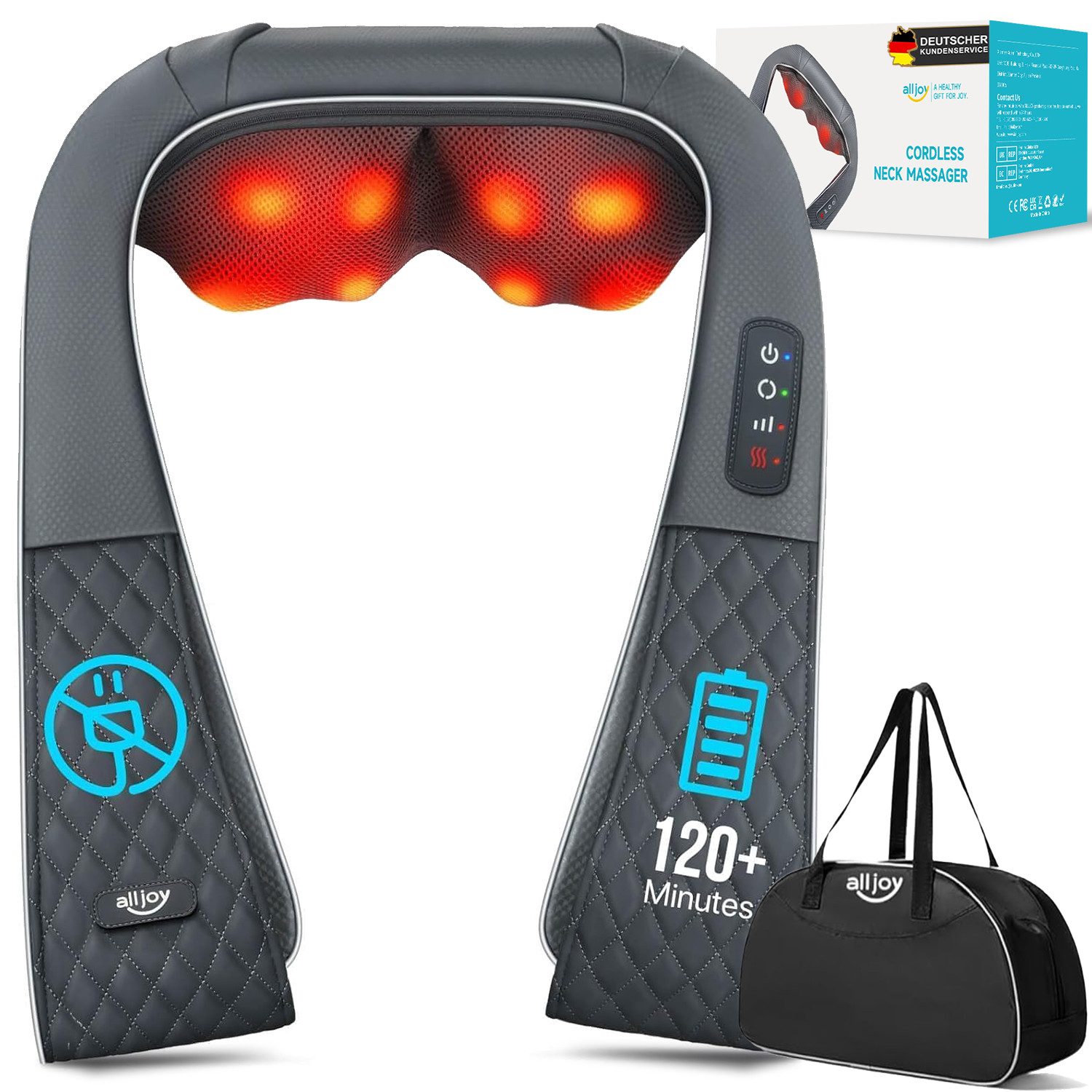 ALLJOY Nacken-Massagegerät Nackenmassagegerät mit Wärme,4D Shiatsu-Massagegerät Nacken Schulter, 2200mAh, 120 Minuten Laufzeit, Tiefenmassage,Muskelverspannungen