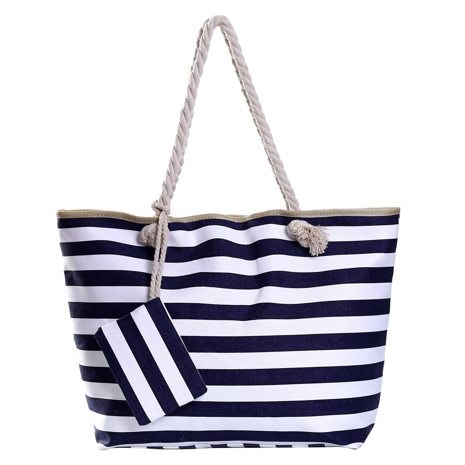 Beutel wasserabweisende inkl. gestreift Tasche 1 dunkelblau-weiß Reißverschluss, Shopper DonDon (2-tlg), mit Strandtasche kleinem Strandtasche, Große