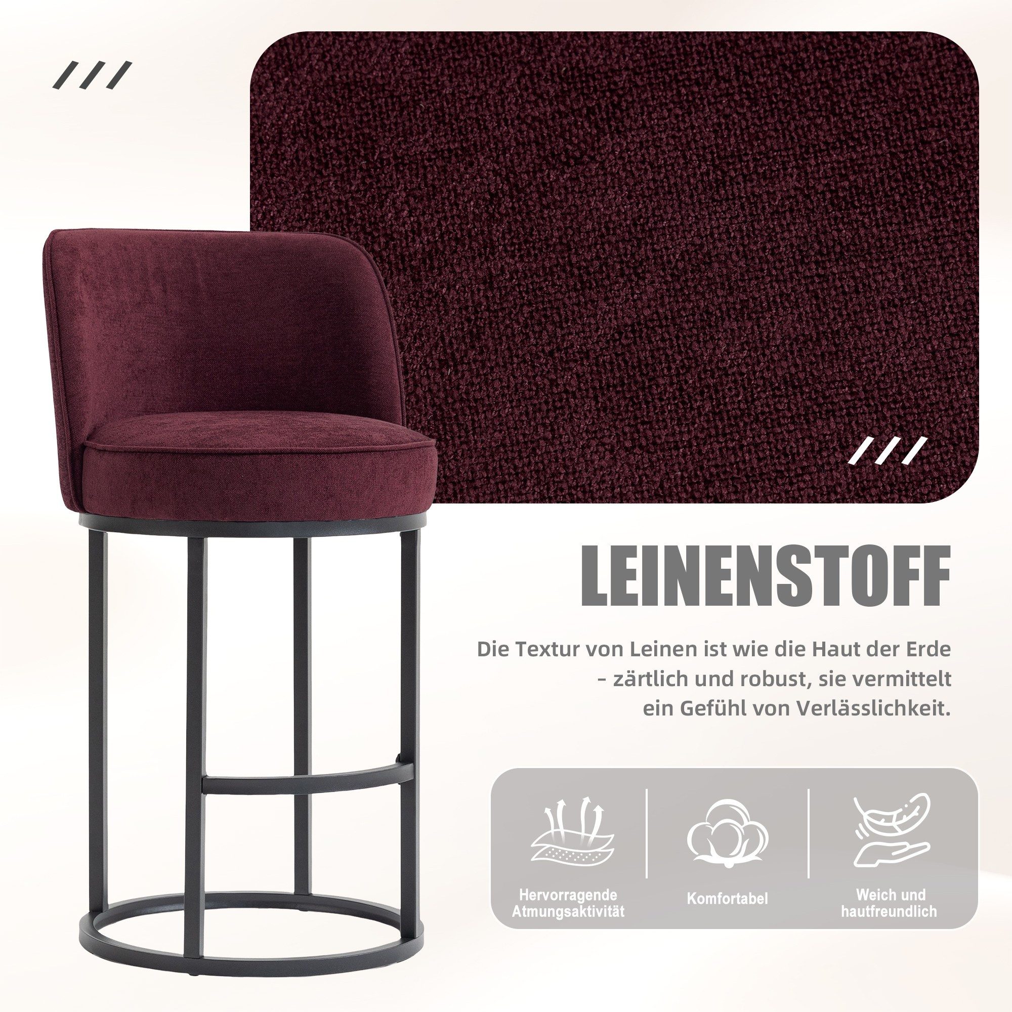 BlingBin Barhocker 2er-Set Kücheninselhocker Küchenstühle Bistrohocker, mit Leinenbezug (Duo-Set Barstühle mit Leinenbezug und gepolstertem Sitz, 2 St., 2tlg), mit schwarzen Metallbeinen, bequeme gepolsterte Bar-Esszimmerstühle