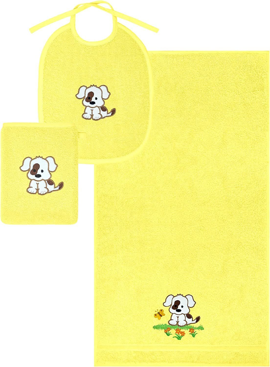 Lashuma Neugeborenen-Geschenkset (Set, 3-tlg) Jungen und Mädchen Frottee Handtücher mit Sabberlatz gelb Hund | Erstausstattungspakete