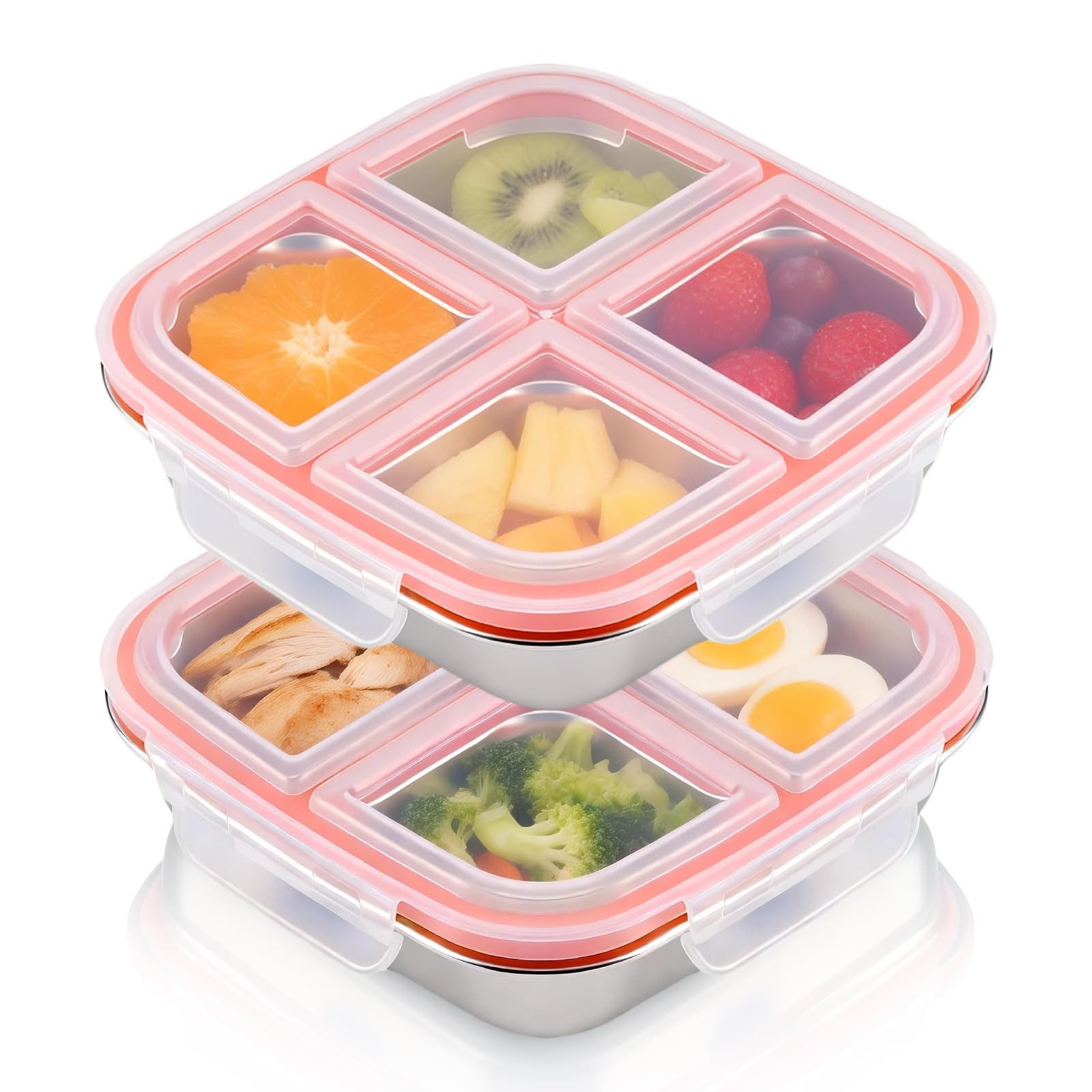 FOUORTUNATE-BEE Snackschale 2 Stück Snackbox mit Fächern Edelstahl, Wiederverwendbare Snackdose, (Leckdichte Bento Box mit Deckel für Schule, Arbeit & Camping, 2-tlg)