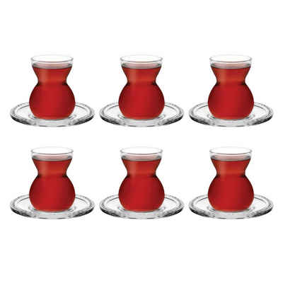 Pasabahce Gläser-Set Etnik, Glas, 12-teiliges Teeglas Set mit Untertassen, problemlos spülmaschinenfest