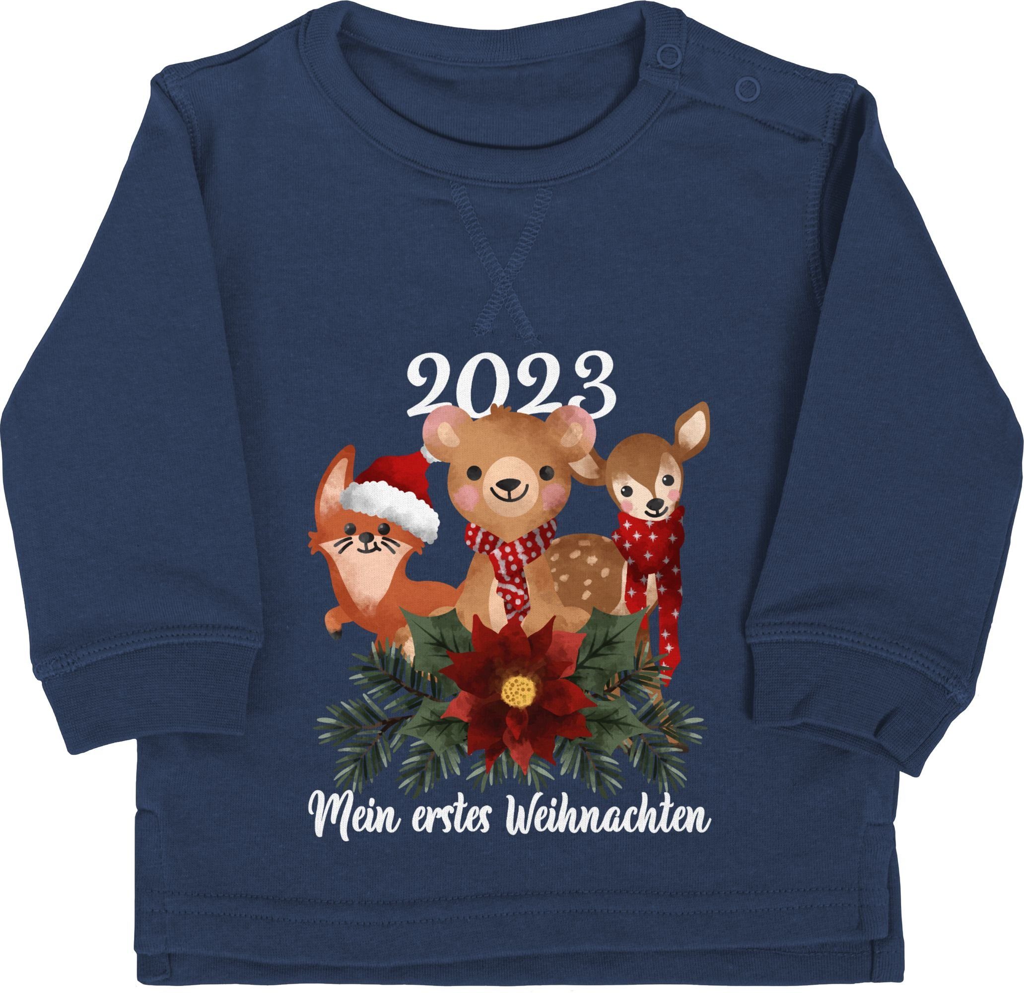 Shirtracer Sweatshirt 2023 Mein erstes Weihnachten mit süßen Tieren - weiß Weihnachten Kleidung Baby 1 Navy Blau