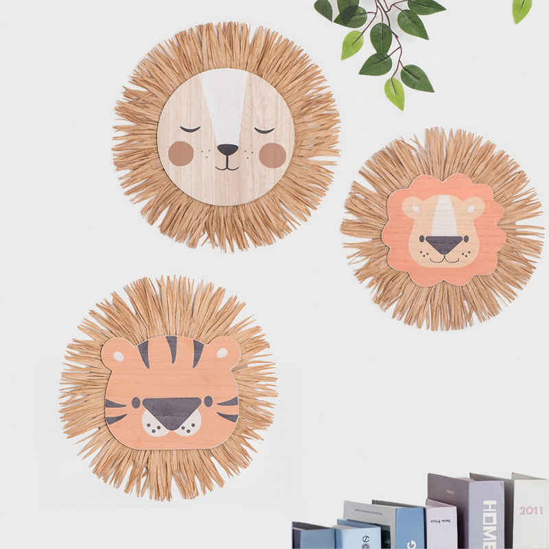 Silberstern Wanddekoobjekt Löwenkopfdekoration aus Raffiabast für das Kinderzimmer (3 St), 3er-Pack handgewebter Wanddekorationen mit Tierköpfen