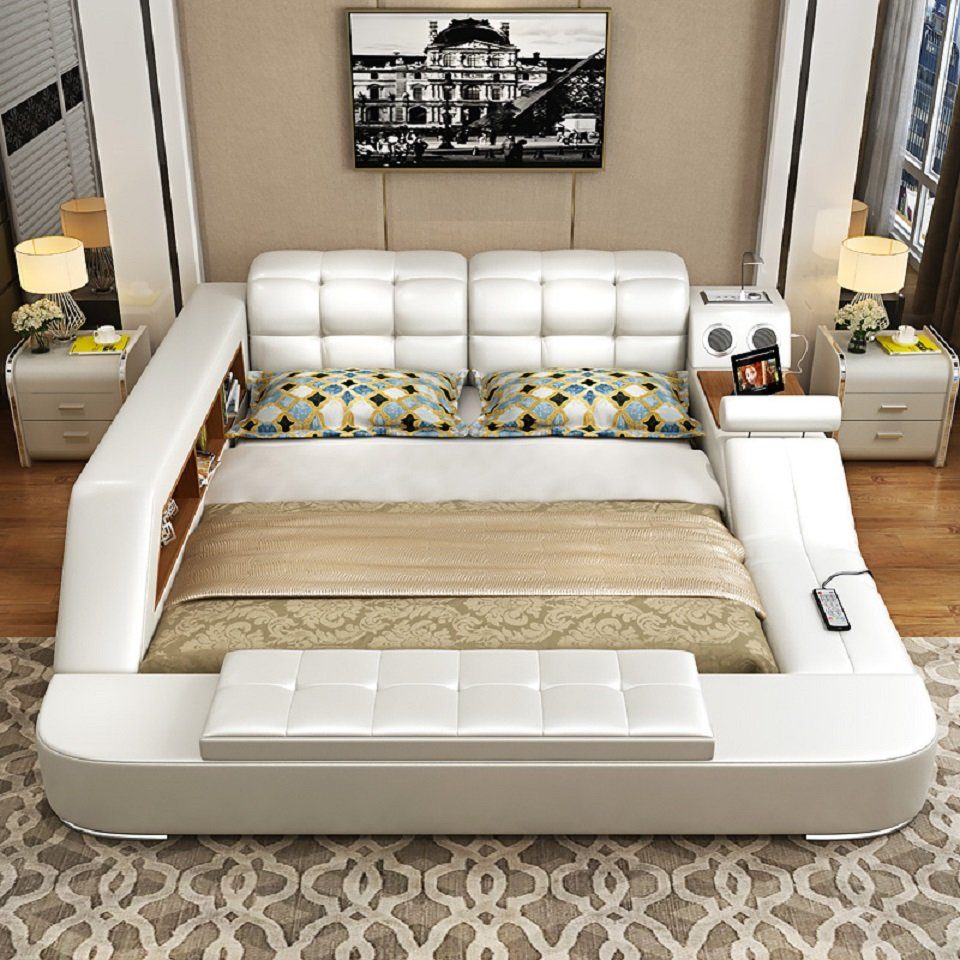 JVmoebel Multimediabett Bett Multifunktion Regal Schrank Ladestation Doppel Leder Betten, Made in Europa