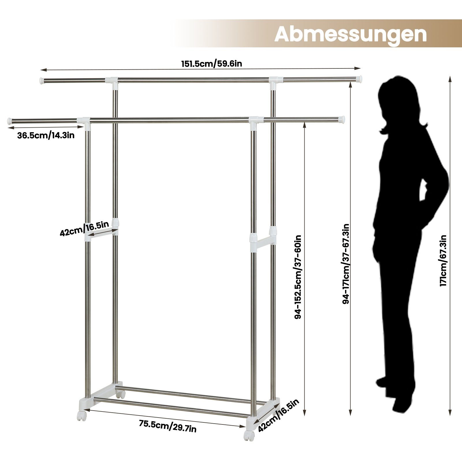 Woltu Kleiderständer, mit Rollen und Ablage, Breite und Höhe Verstellbar