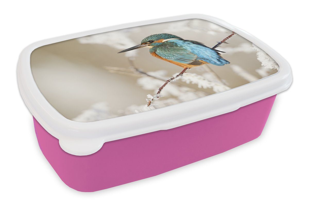 MuchoWow Lunchbox Eisvogel - Schnee Snackbox, Erwachsene, Kinder, Äste, rosa Brotdose für - Mädchen, Brotbox Kunststoff, (2-tlg), Kunststoff