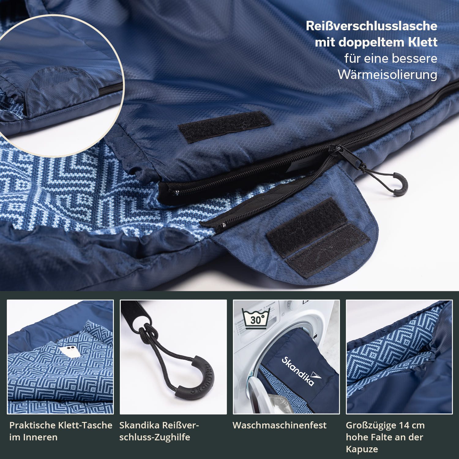 Skandika Deckenschlafsack Dundee Baumwollflanell, Koppelbar, Kopfteil mit Kordel (Reißverschluss mit Webband-Klemmschutz, Innentasche mit Klett), 3 Jahreszeiten – Bild 4 von 5