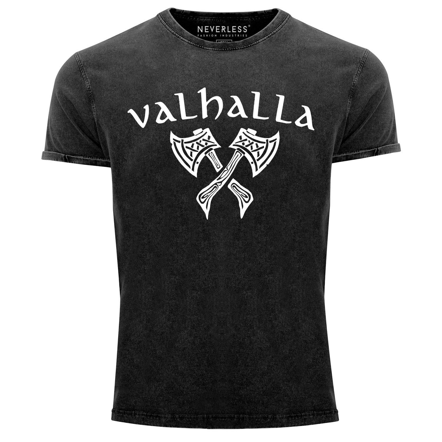 mit Mythologie Vintage T-Shirt Krieger Neverless® Axt Shirt Print-Shirt Neverless Print Valhalla nordische Wikinger Aufdruck Herren Printshirt