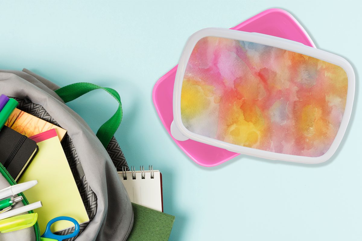 Brotbox (2-tlg), Snackbox, Orange, Kunststoff, Kinder, - Lunchbox - Mädchen, Aquarell Gelb Rosa Kunststoff - für Erwachsene, Brotdose MuchoWow