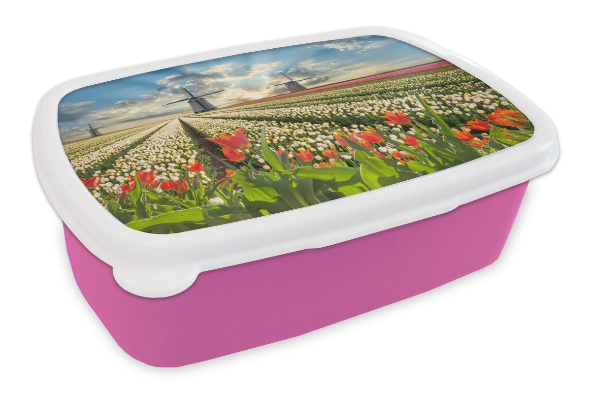 MuchoWow Lunchbox Windmühle - Tulpen - Himmel - Natur, Kunststoff, (2-tlg), Brotbox für Erwachsene, Brotdose Kinder, Snackbox, Mädchen, Kunststoff rosa