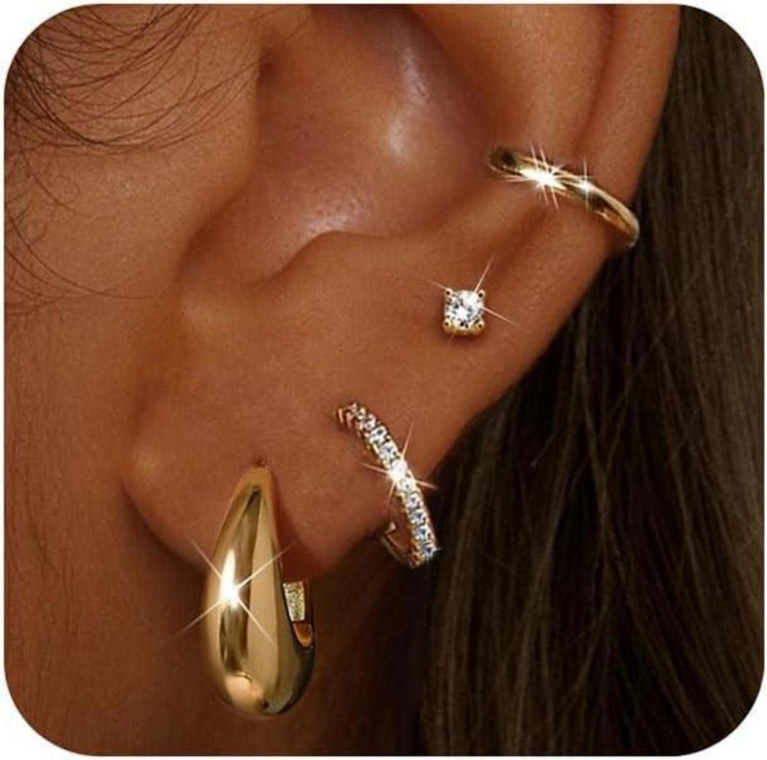 Schmuckset 4 Paar Damen Ohrringe Set Silber Gold Creolen Ohrstecker 14K Vergoldet