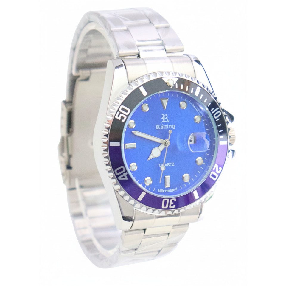 Rötting Design Quarzuhr Herrenuhr Armbanduhr Männeruhr Edelstahl blaues Ziffernblatt, (inkl. Uhrenschatulle auch zum Verschenken geeigent), drehbare Lünette, Datumsanzeige