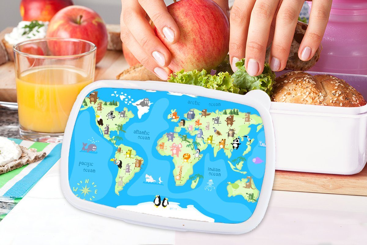 MuchoWow Lunchbox Weltkarte - Brotdose, für Kunststoff, Kinder - für Tiere Mädchen, Kind - Brotbox Erwachsene, und (2-tlg), Jungen - Mädchen - und Jungs Blau weiß