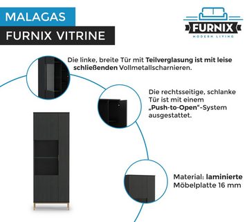 Furnix Vitrine MALAGAS Vitrienenschrank teilverglast Marineblau oder Schwarz B70 x H190 x T41 cm, Metallgestell in Altgoldoptik