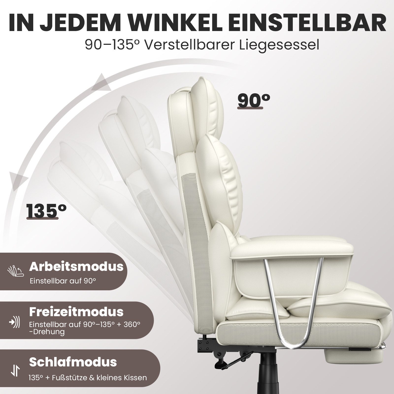 ZAISZE Bürostuhl Ergonomischer Bürostuhl mit Ruhefunktion, 136° Neigung (Spar-Set), Arretierbare Rückenlehne, klappbare Fußstütze, Belastbarkeit: 150 kg – Bild 4 von 5