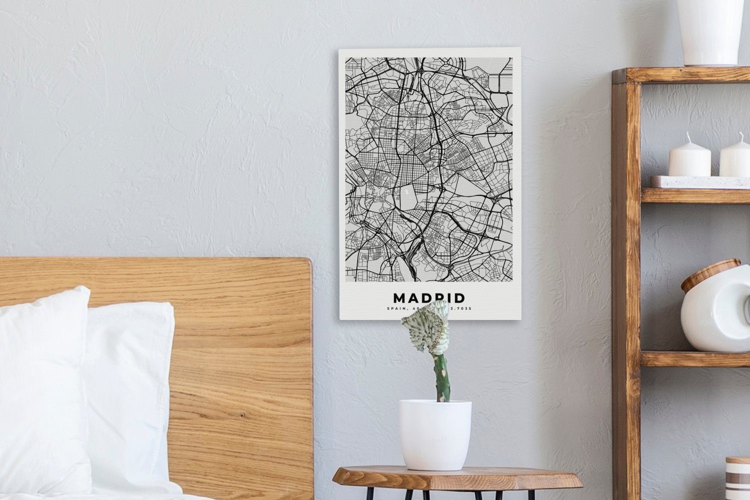 - und Zackenaufhänger, weiß Karte, fertig Gemälde, bespannt Leinwandbild Stadtplan 20x30 - St), cm OneMillionCanvasses® Schwarz Leinwandbild - inkl. Madrid (1