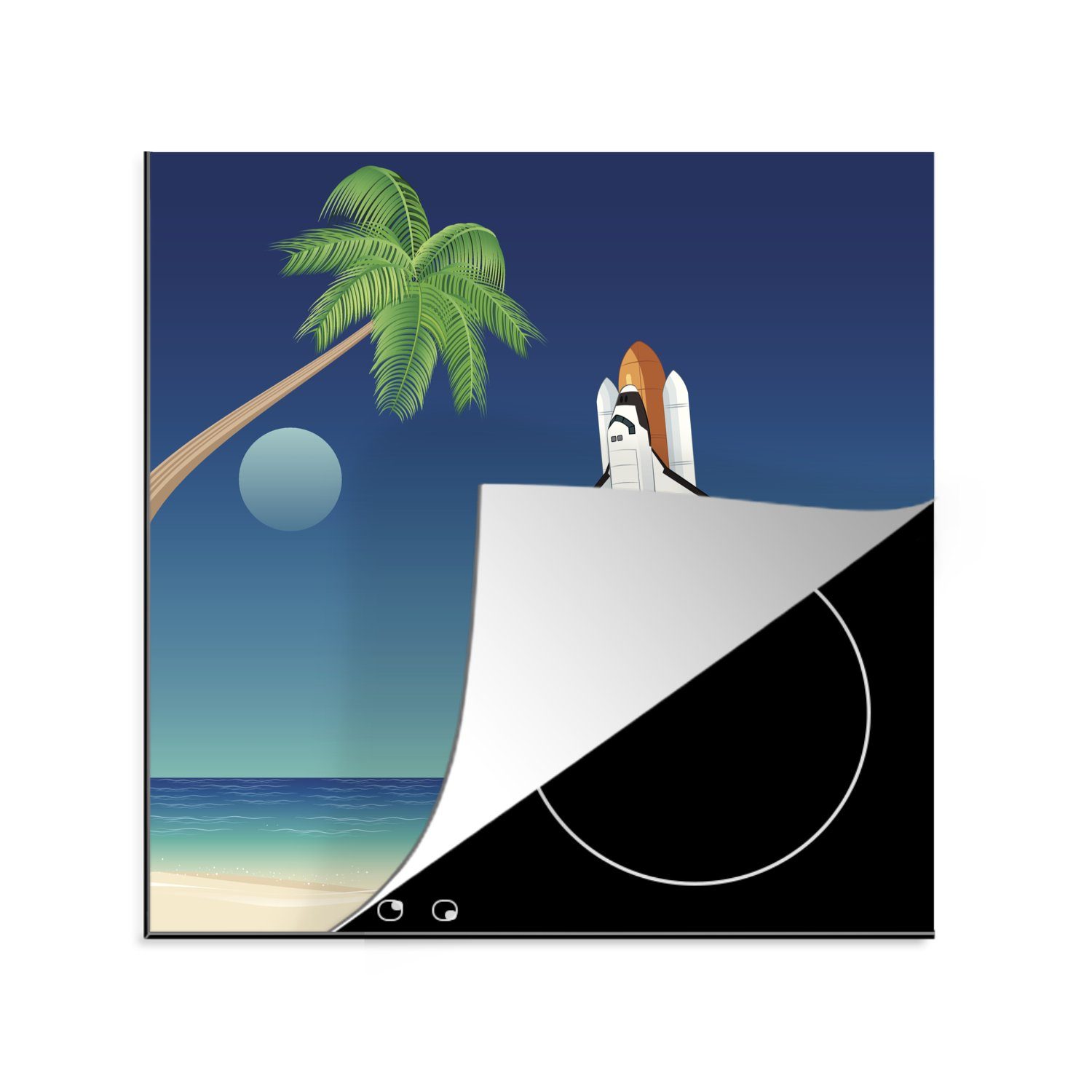 MuchoWow Herdblende-/Abdeckplatte Eine Illustration der Raumfähre, die von einer Insel abfliegt, Vinyl, (1 tlg), 78x78 cm, Ceranfeldabdeckung, Arbeitsplatte für küche