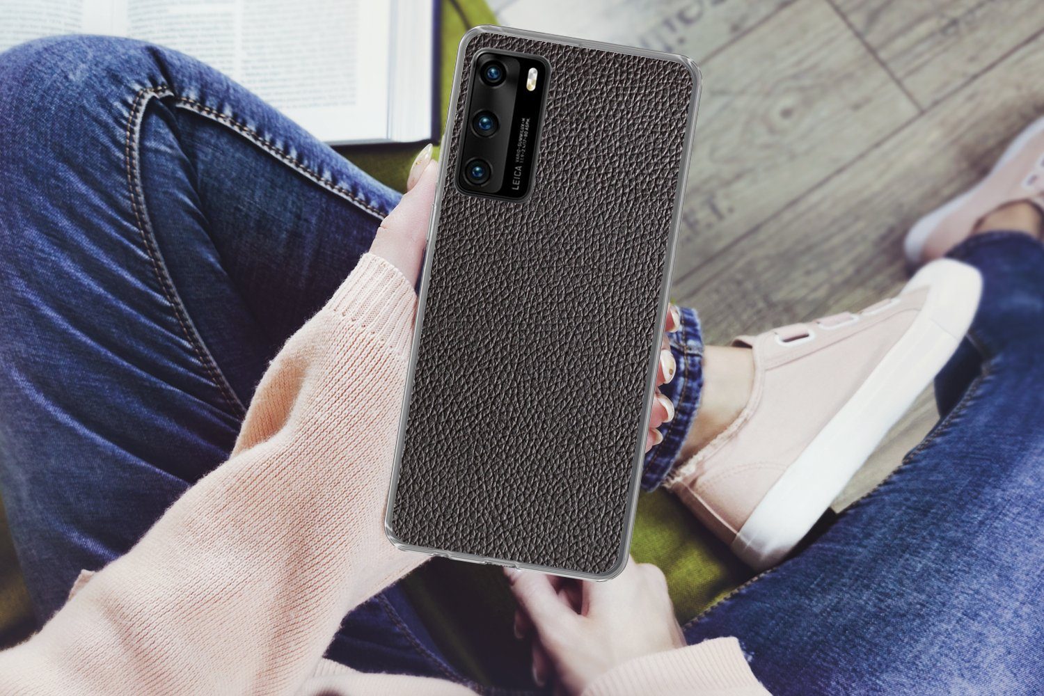 MuchoWow Handyhülle für Huawei P40 Leder - Lederoptik - Schwarz - Hell, Handy Case, Silikon, Bumper Case Dünn