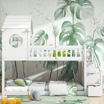 MODFU Etagenbett Doppelbett, Kinderbett in Hausform (90 x 200 cm, ohne Matratze, weiß), Kiefernholz Haus Bett for Kids