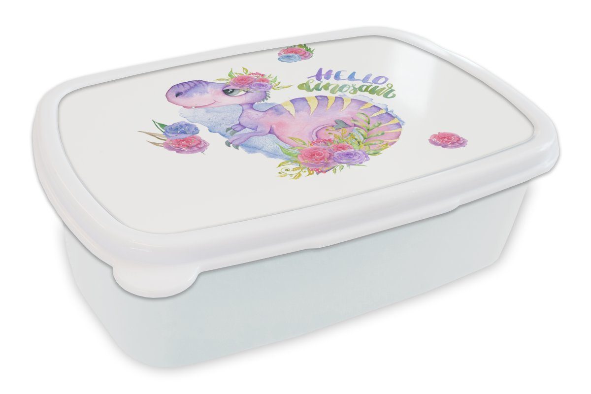 MuchoWow Lunchbox Dinosaurier - Kinderzimmer - Aquarell - Mädchen - Kinder - Rosa, Kunststoff, (2-tlg), Brotbox für Kinder und Erwachsene, Brotdose, für Jungs und Mädchen weiß