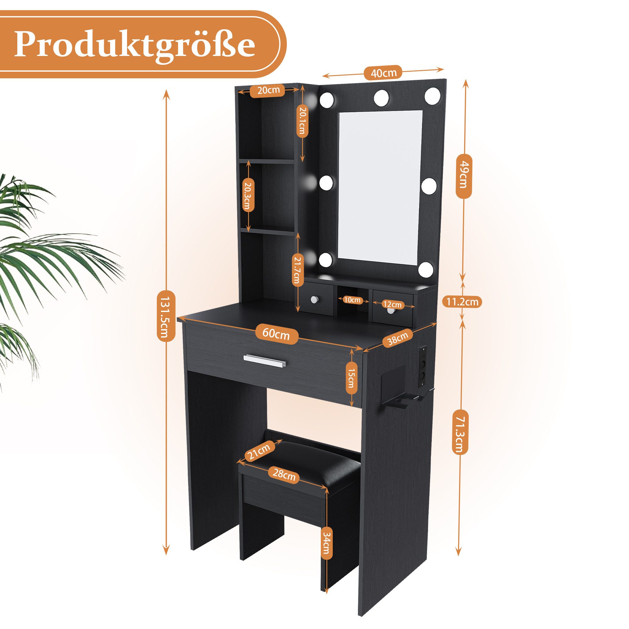 KLAM HOME Schminktisch Weißer Schminktisch mit LED-Spiegel und gepolstertem Hocker (Kompakter Make-up Tisch mit Föhnhalter und Schubladen), Schminktisch-Set mit verstellbarer LED-Beleuchtung
