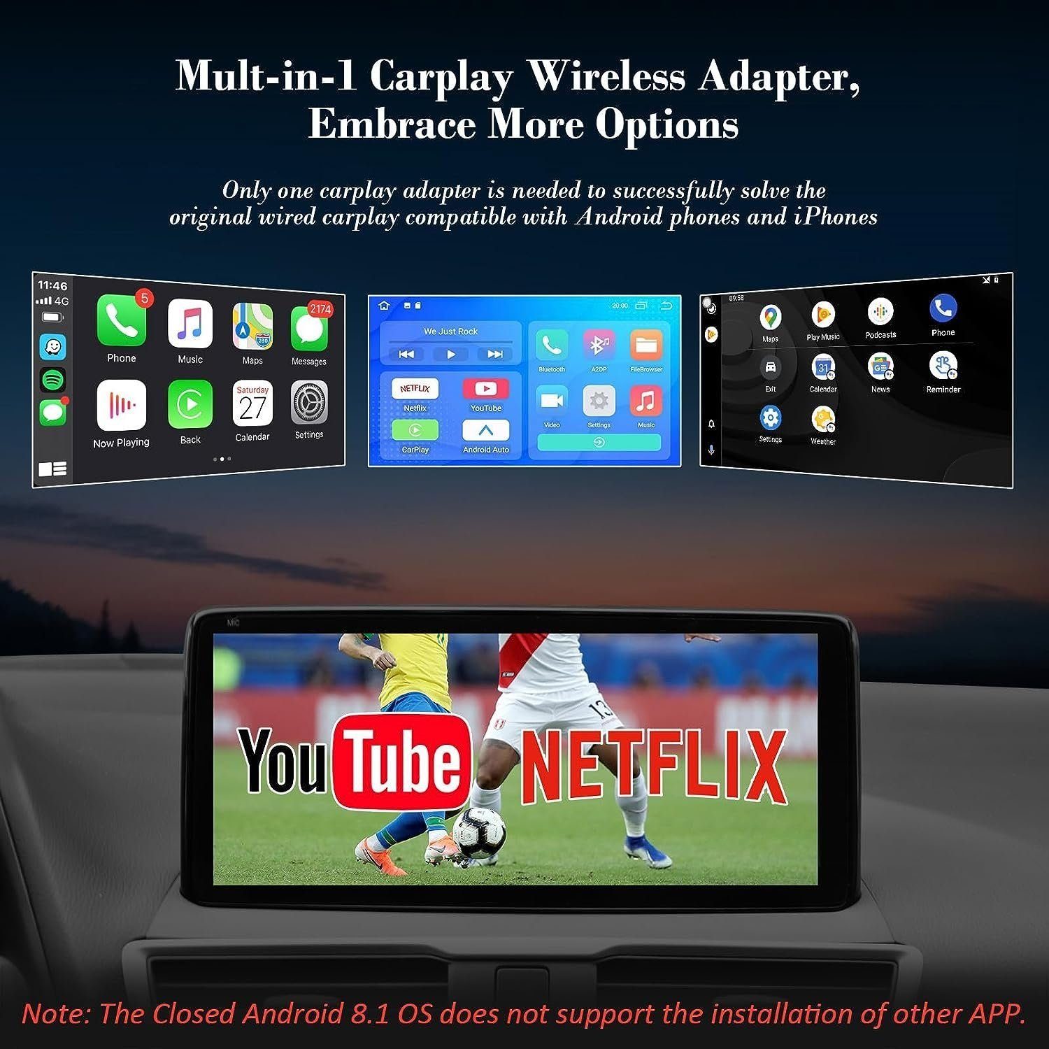 DOPWii Unterstützt YouTube,Plug Autoradio Play Carplay & Wireless Netflix Adapter