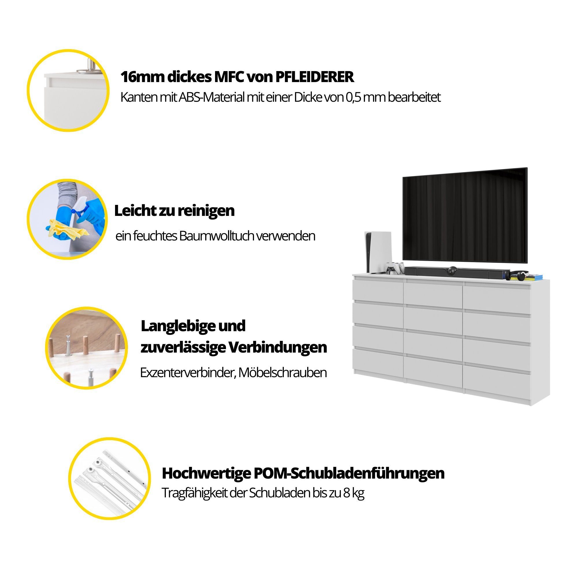 Furnica Kommode GABRIEL 8+4 Schubladen-Anthrazit Grau H92cm B180cm T33cm – Bild 5 von 5