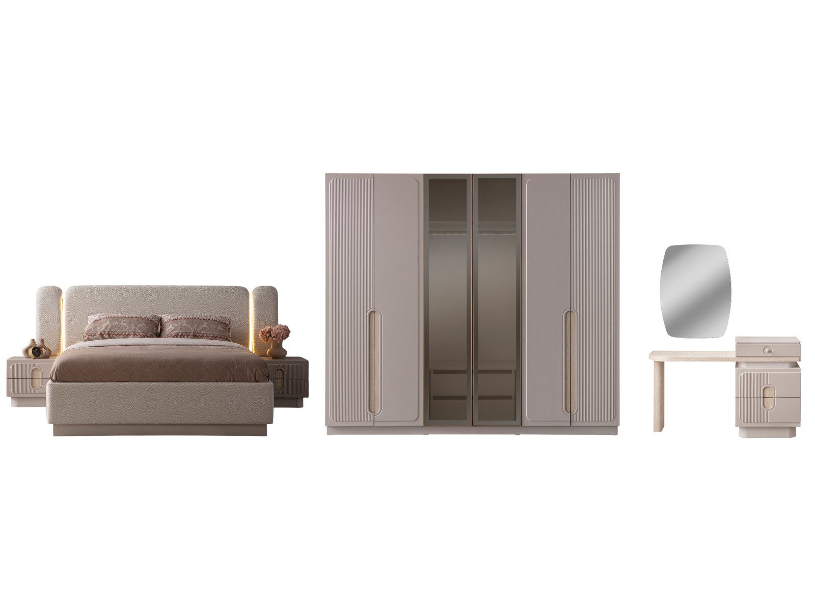 Villa Möbel Schlafzimmer-Set Valoria, (Schlafzimmer-Set, 5-tlg., Bett mit Kopfteil, 2 Nachttische, Kleiderschrank und Kommode), Creme Optik Bequeme Nutzung Hochwertiges MDF