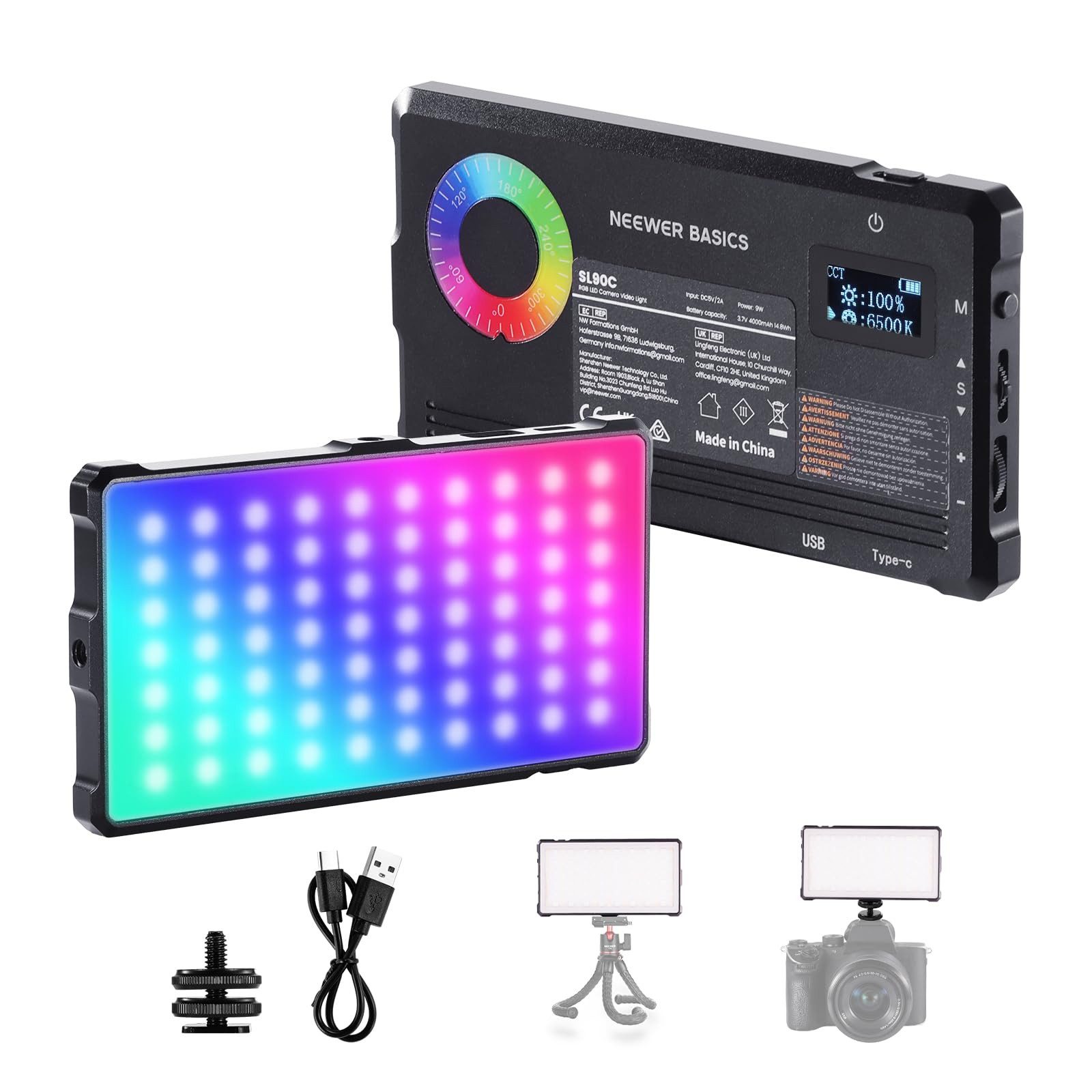Neewer Videoleuchte SL90C RGB Videoleuchte, 8W, 2700K–7500K, tragbar, volle RGB Farben, 18 Szenen, 4000mAh, LED Panel Videolicht für DSLR Stativ Streaming