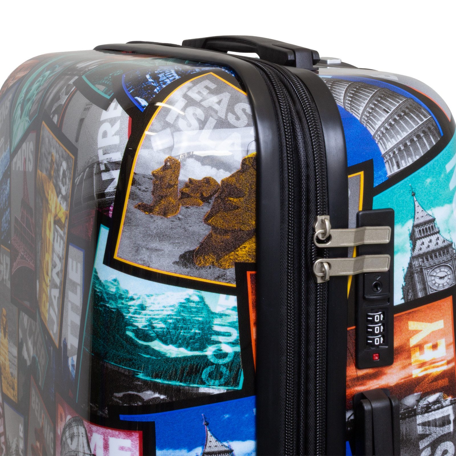 Trendyshop365 Hartschalen-Trolley City bunter Motivoffer 3 Größen Städte Mix, 4 Rollen, Zahlenschloss, Polycarbonat, Dehnfalte