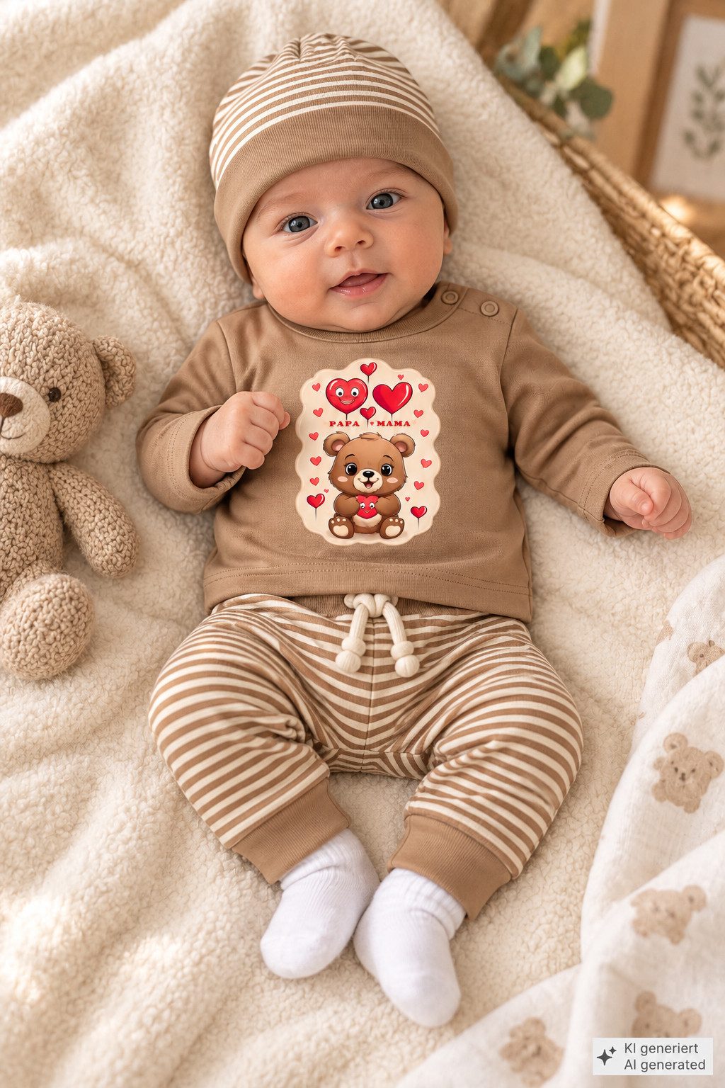 La Bortini Neugeborenen-Geschenkset Baby Set Langarmshirt Hose Mütze Socken neutral in braun beige (Shirt, Schlupfhose, Strümpfe, Mützchen, unisex, Erstlingsset für Neigeborene, 4-tlg, Jungen und Mädchen) mit Bärchen, Herzen, Papa, Mama - Aufdruck, 44 50 56 62 68 74 80