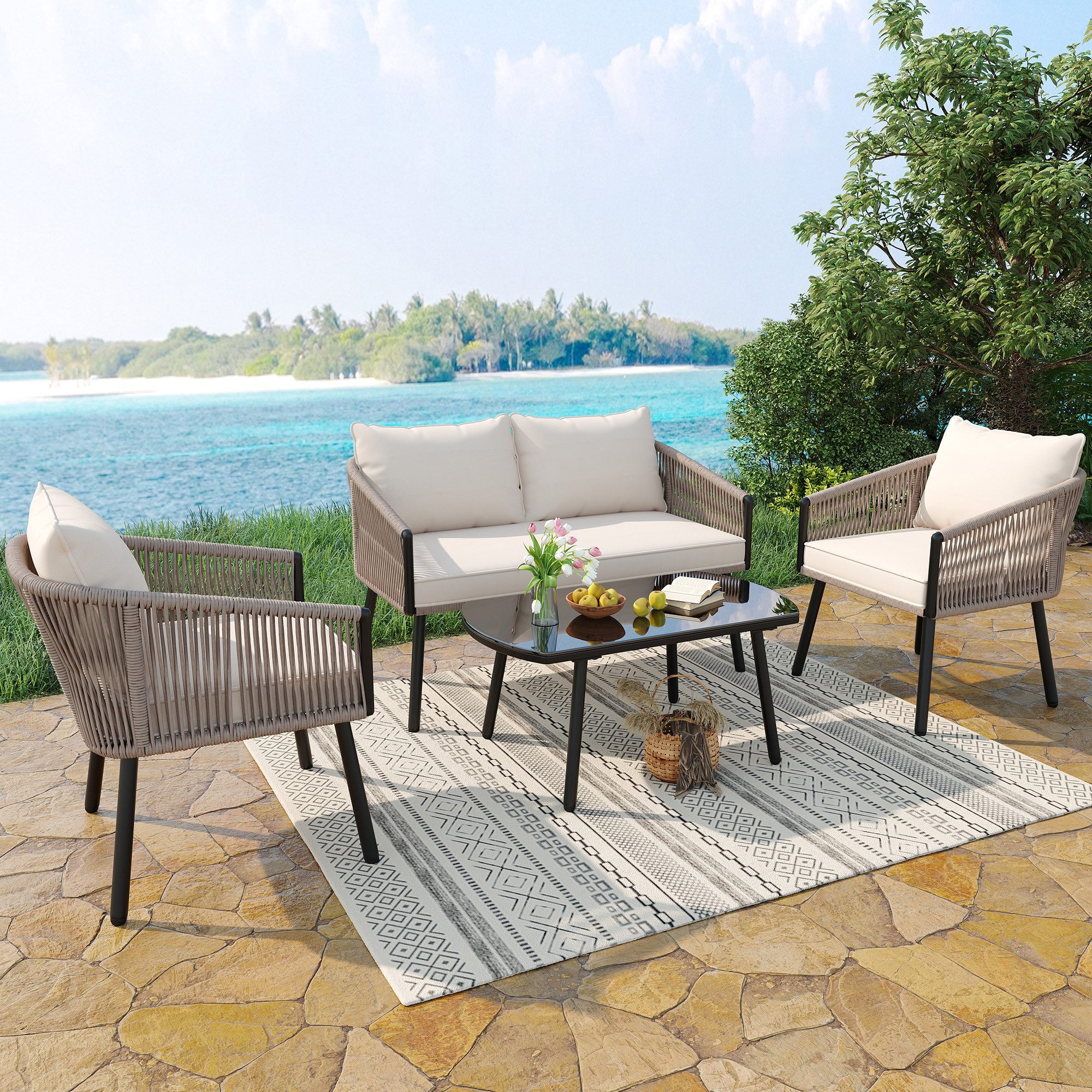 Flieks Gartenlounge-Set, 4-Sitzer Seil Gartenmöbel, Doppelsofa günstig online kaufen