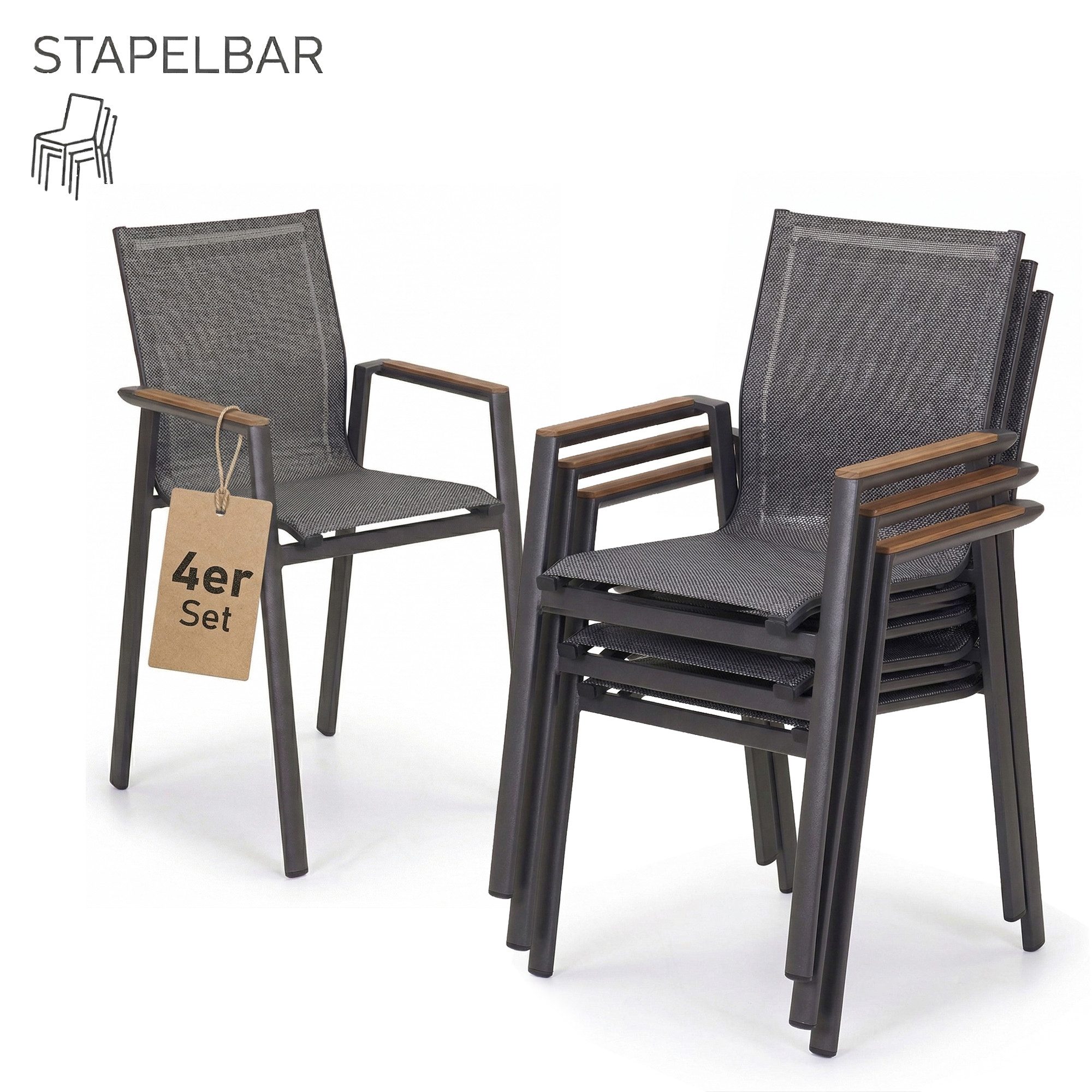 acamp Gartenstuhl 4-teiliges Stapelstuhl Set Vegas (Gartenmöbel Set), Stühle Set, stapelbar, Stapelsessel, Loungestühle, 58x67x88 cm