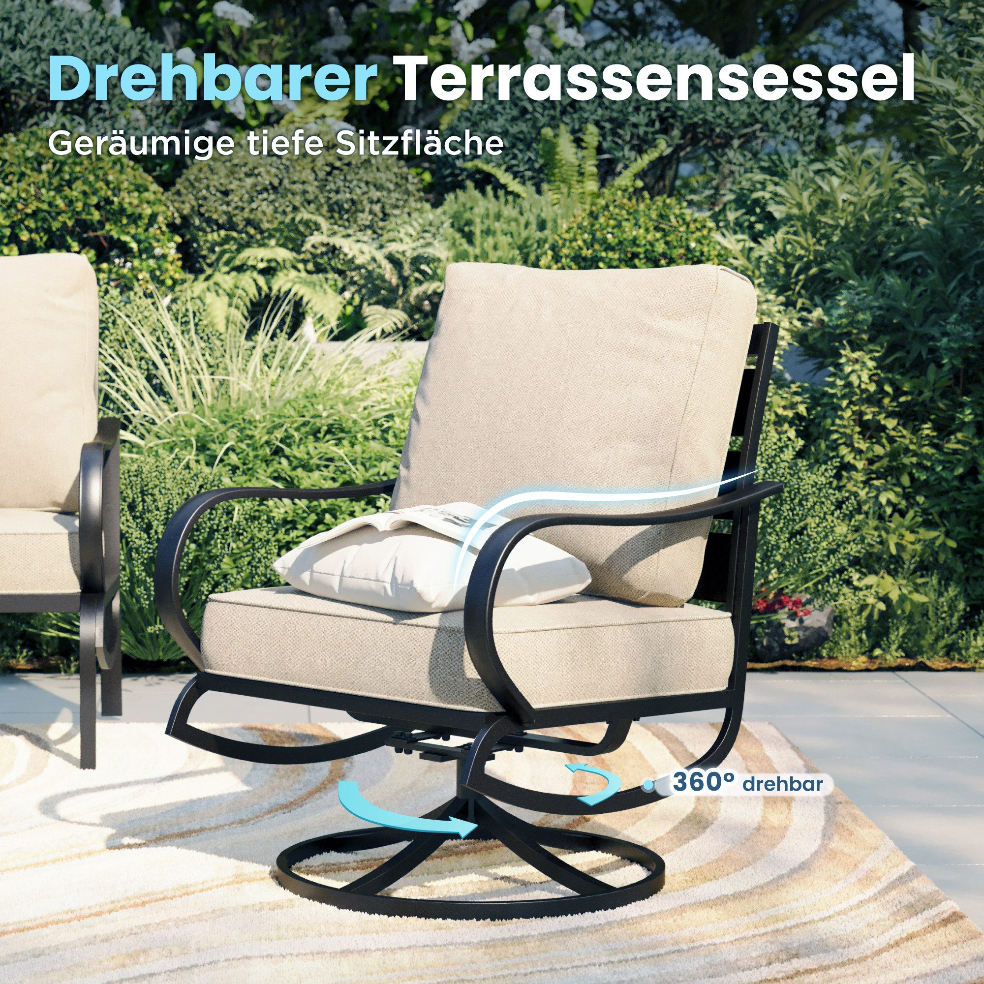 PHI VILLA Gartenlounge-Set, (Balkonmöbel Outdoor Ecksofa, Gartenmöbelsets 7-Sitzer, 5-teiliges Metall Lounge Möbel Outdoor), E-Beschichtung Geschmiedeter Rahmen & Dicke Kissen, Beige