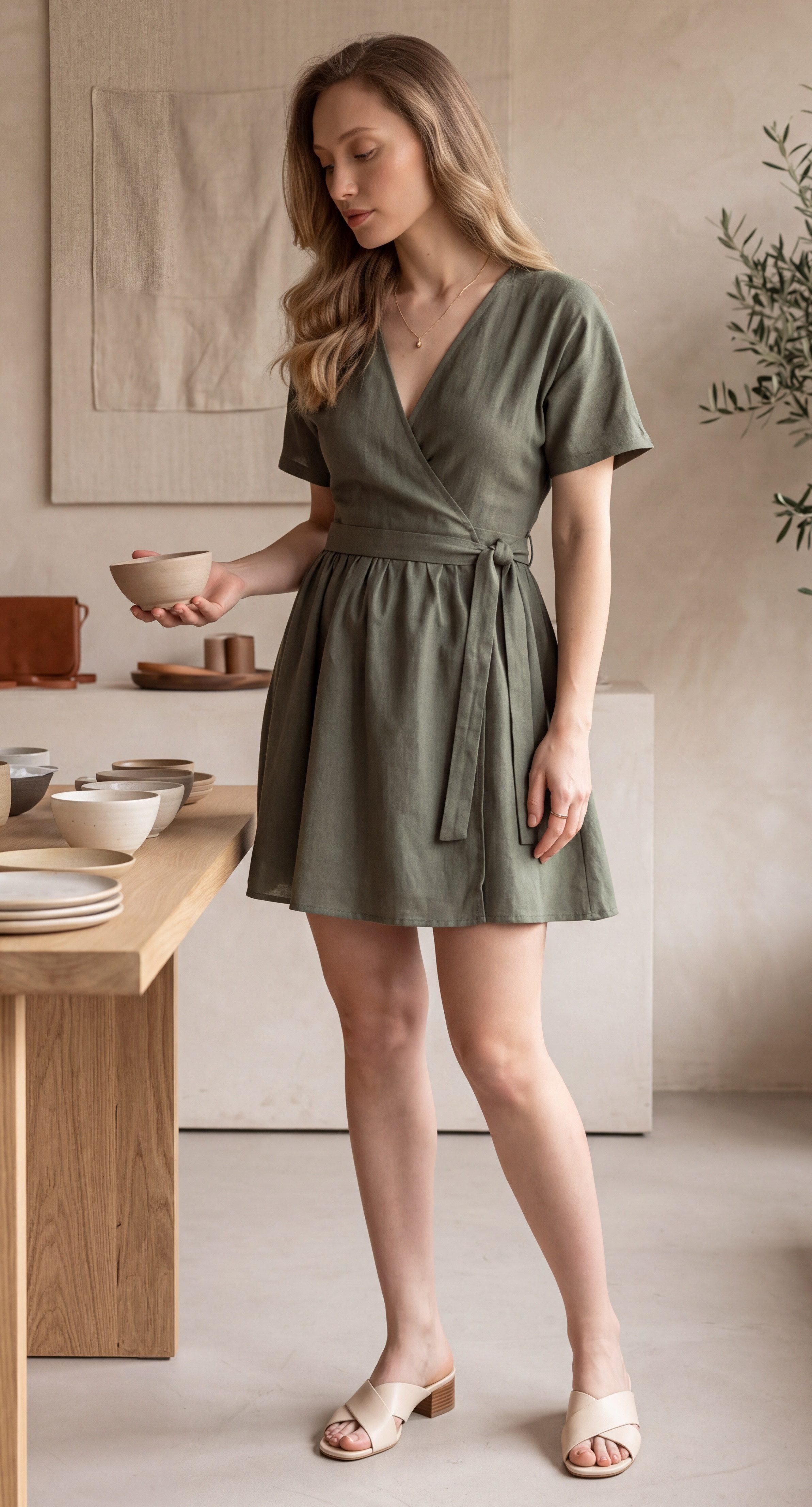 Awama Wickelkleid mit V-Ausschnitt und Bindeband