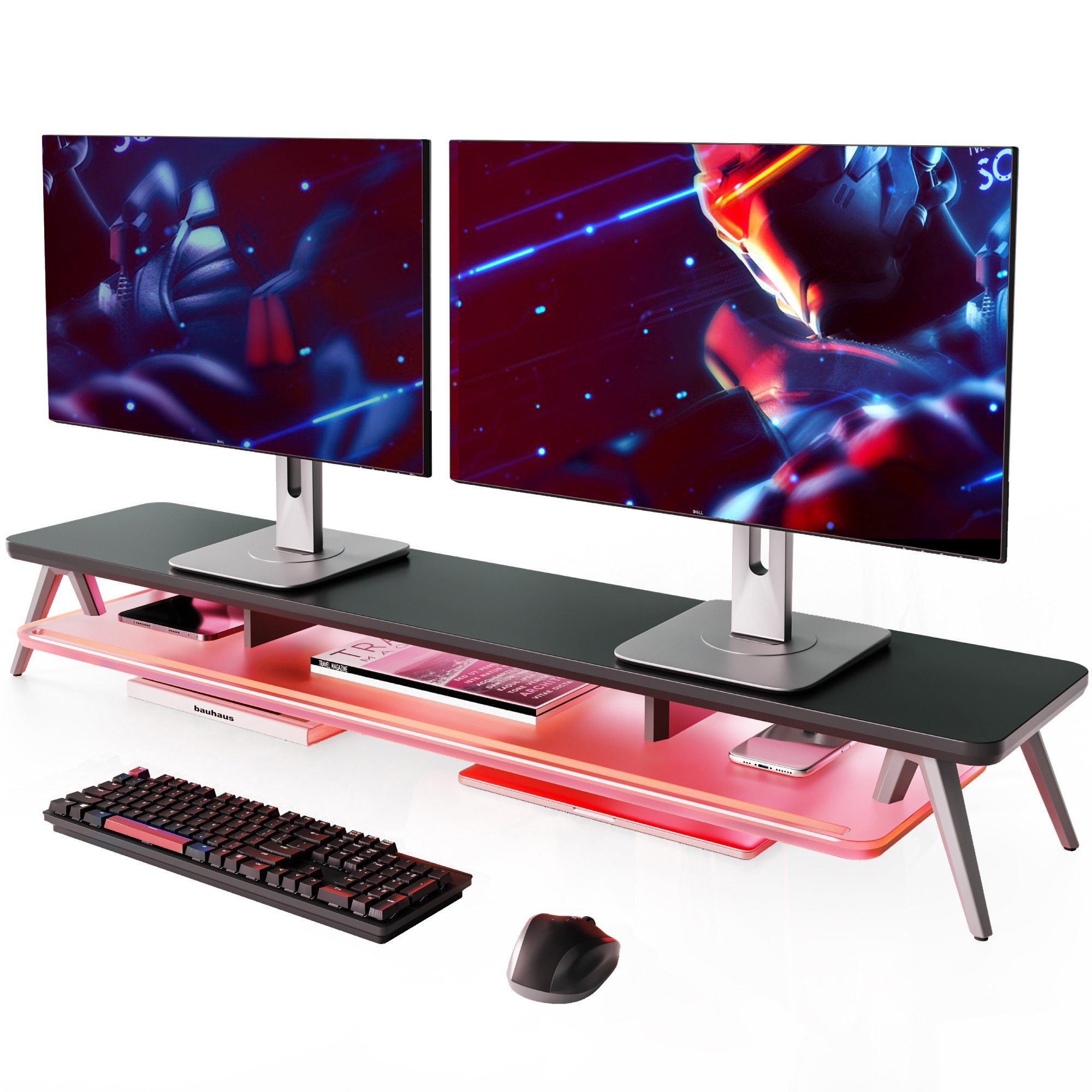 Fenge Monitorständer mit Smartphone- und Tablet-Halterung, LED Beleuchtung, 108 cm breit