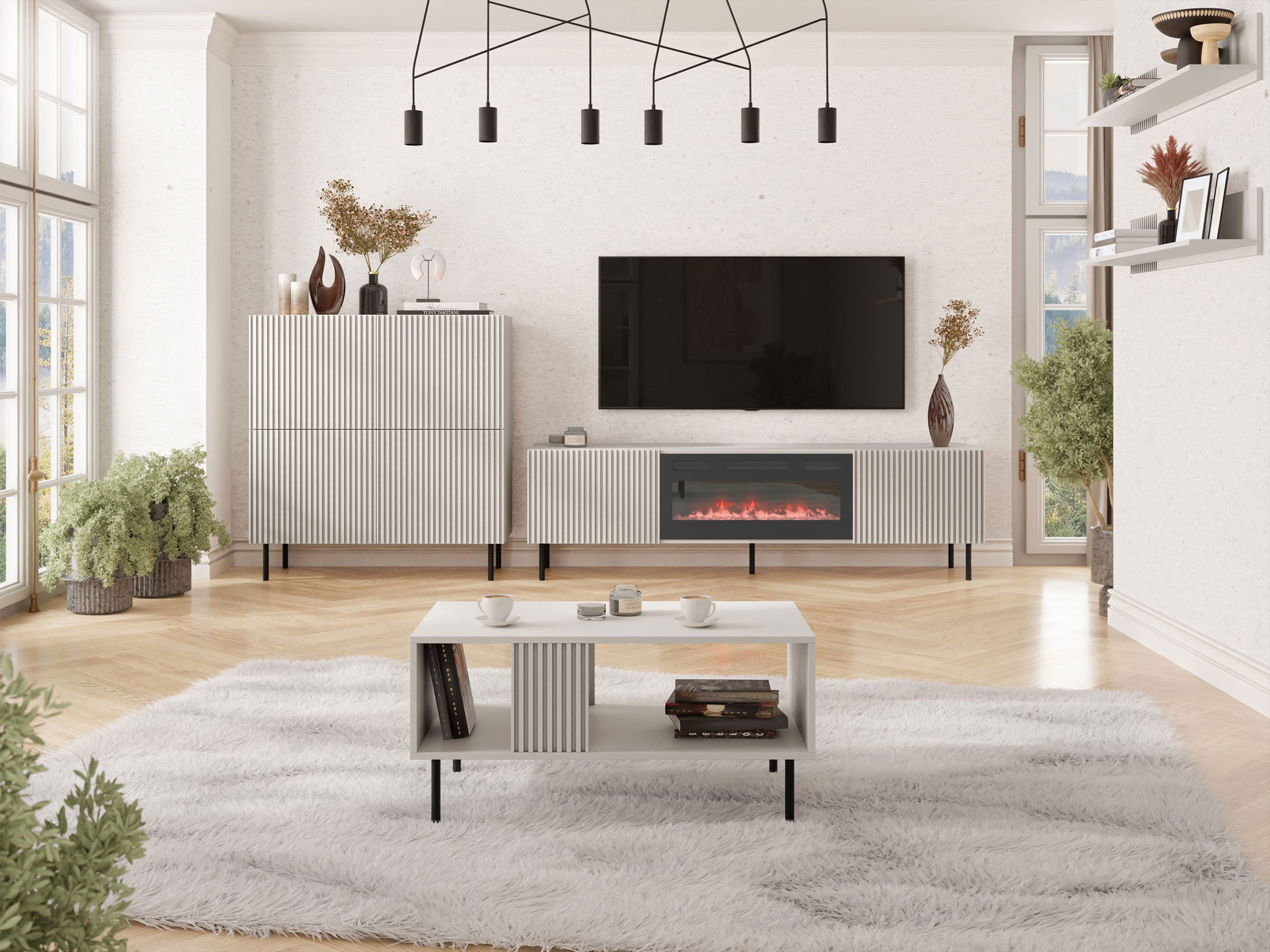 MIRJAN24 Wohnzimmer-Set Aruba V, (5er-Set, 2x Wandregal, Kommode, TV-Lowboard mit Kamin, Couchtisch), Metallfüße in der Farbe Schwarz