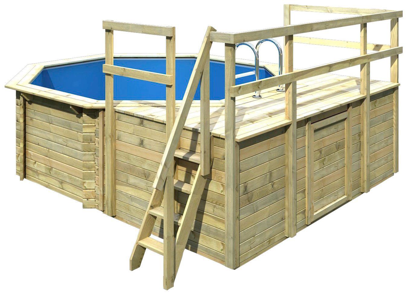 Karibu Achteckpool PORTO Set D ØxH: 358x124 cm inkl. Zubehör (Komplett-Set, 12-tlg), mit Technikraum unter dem Sonnendeck