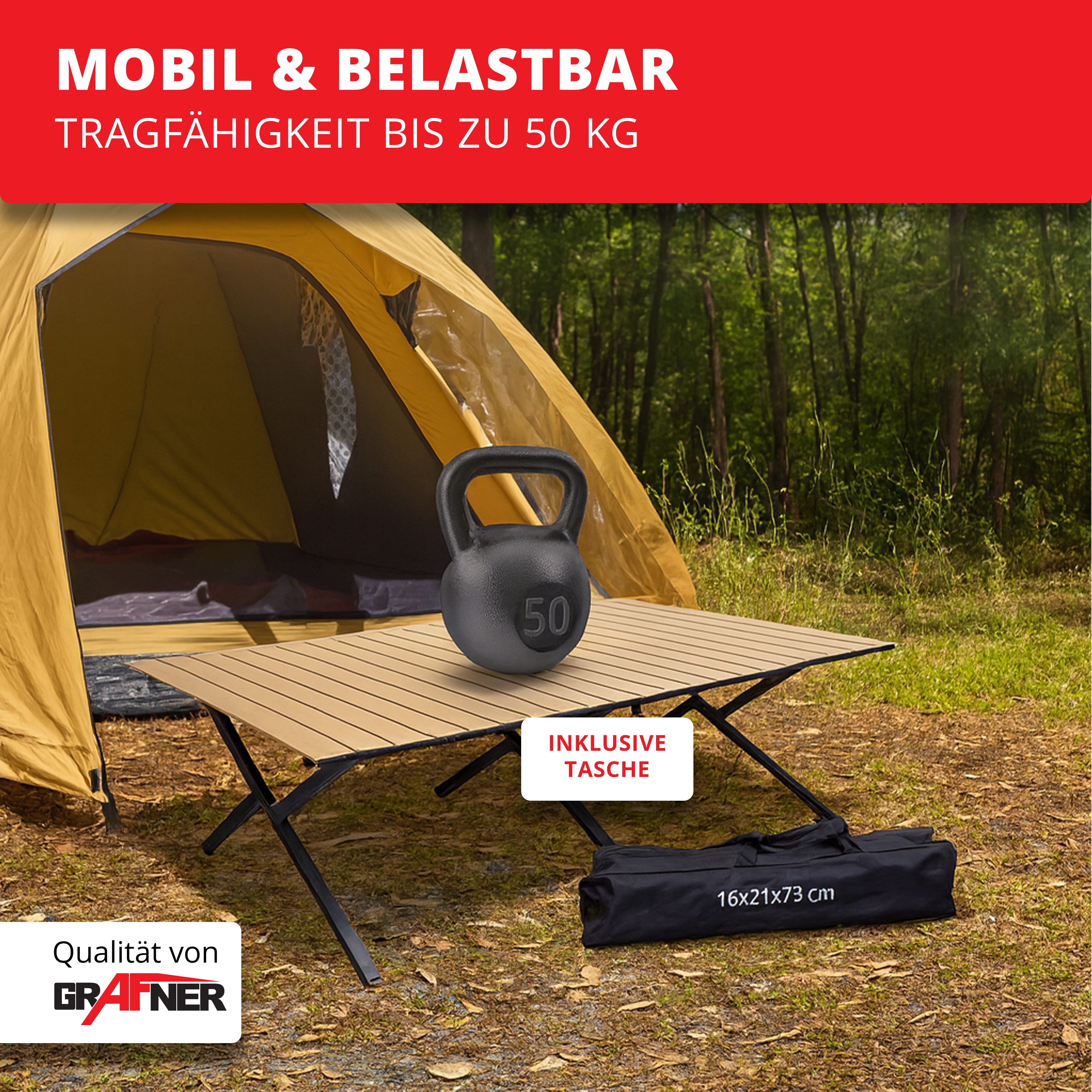 Grafner Campingtisch Campingtisch klappbar Holzoptik 118x58x43 cm inkl. Transporttasche (1-St), 118x58x43 cm