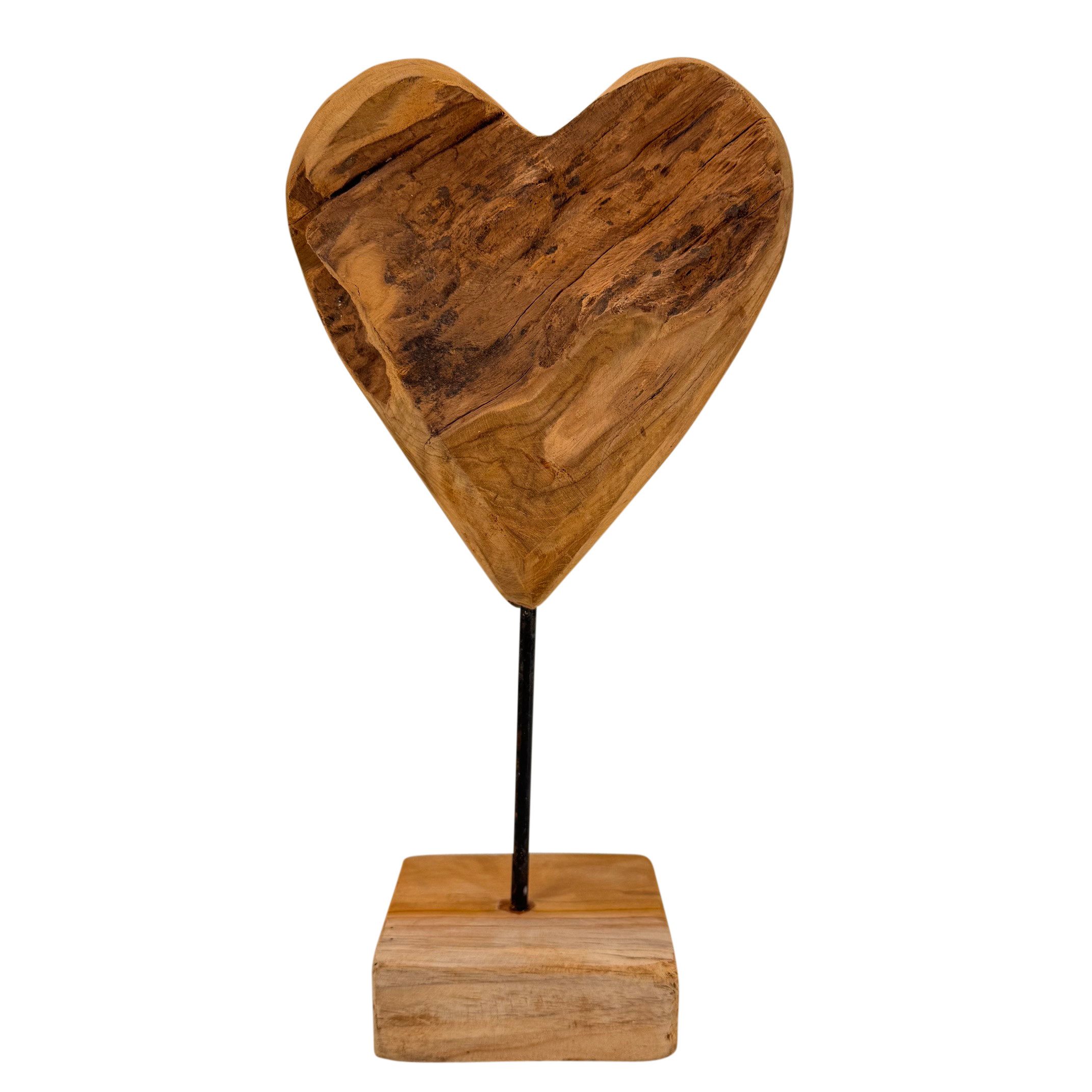 Online-Fuchs Dekofigur Herz aus Teakholz, stehend für Wohnzimmer, Schlafzimmer (40 cm hoch, moderne Dekoration), charaktervolle Holzstruktur mit warmer Ausstrahlung