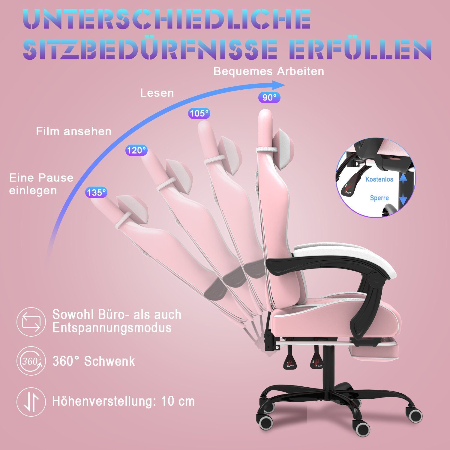 einstellbar Fußstütze, Rückenlehne GUNJI Stuhl Gaming 90-135° Rosa Chair mit Massage Gaming