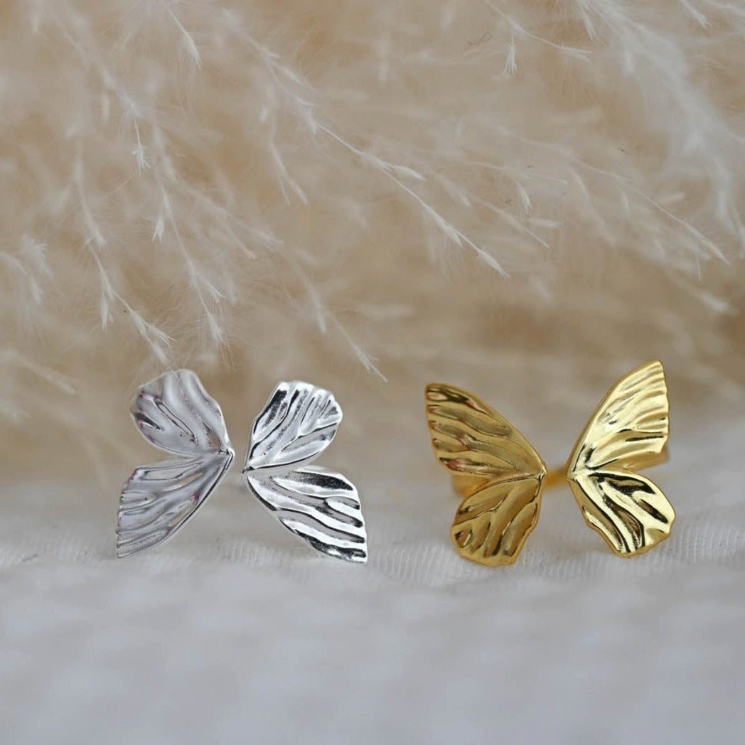 Runde Perlé Silberring großer Schmetterling offener Vintage Ring, handgefertigter verstellbarer Ring, 925er Silber, 18K Gold